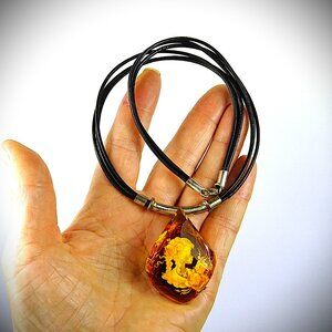 WOW! Faceted Amber Intaglio Cameo Leather Choker - 925 Silver - Valentine Gift
